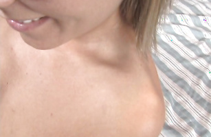 Pretty blonde slut Jessica Moore with huge natural tits is getting fucked from the back and moaning from pleasure a bit